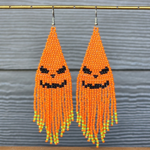 Spooky Pumpkin Chandelier Earrings Rice Beads Orange Fall Holloween Boho - Picture 1 of 2